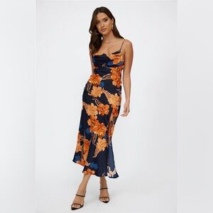 Hello Molly Midi Dress Size 10 Navy Orange LUCY LOVES Floral Satin Cowl Neck